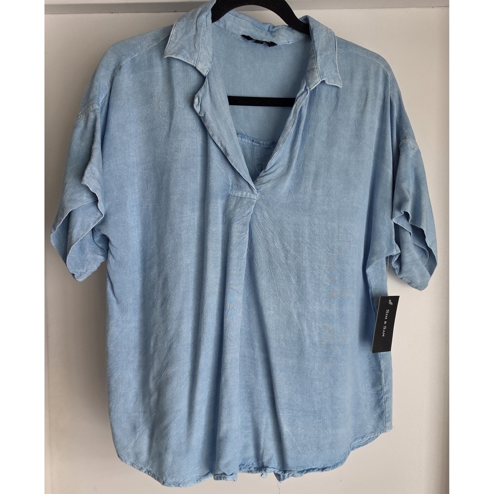 Sim & Sam Women Light Blue Collared Short Sleeve T-Shirt Top Blouse NWT